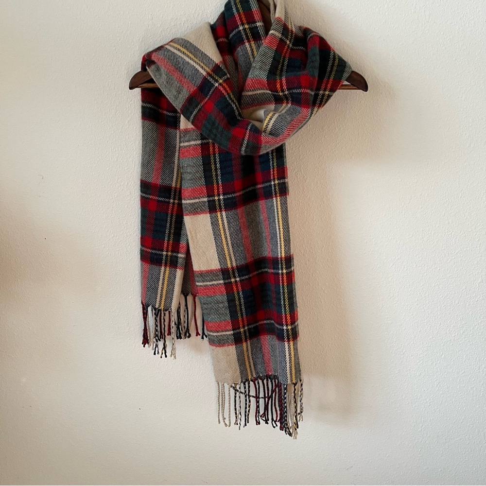 Free People Tartan Thick Warm Wool Scarf in Red Cream Green Multicolor Cozy - Picture 7 of 7